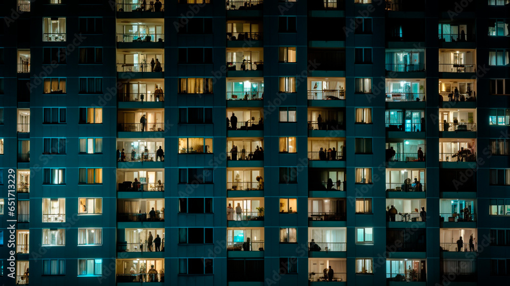 A photo of a night city, an apartment building, lots of windows glowing in the night, a shot showing life in a big city. Generative AI A photo of a night city, an apartment building, lots of windows glowing in the night, a shot showing life in a big city. Generative AI