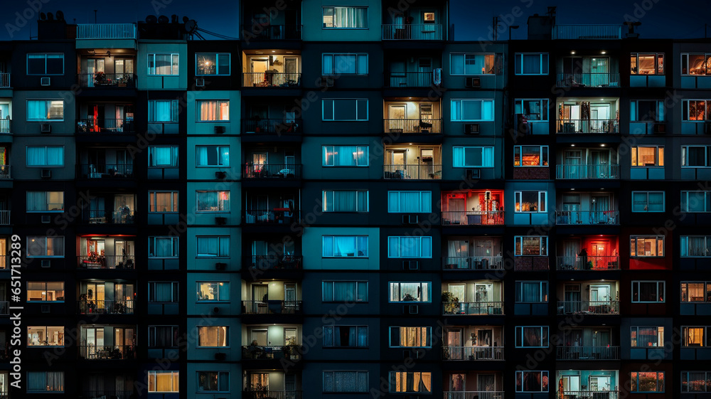 A photo of a night city, an apartment building, lots of windows glowing in the night, a shot showing life in a big city. Generative AI A photo of a night city, an apartment building, lots of windows glowing in the night, a shot showing life in a big city. Generative AI