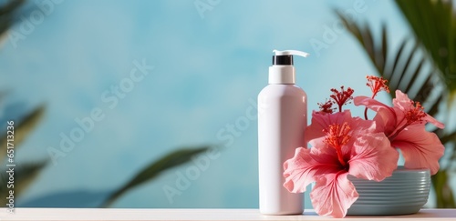 Cosmetic Hibiscus Shampoo with natural Hibiscus flowers Extract. Hibiscus Shampoo Lotion. Copy space. Horizontal banner. AI generated