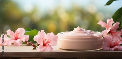 Cosmetic cream with natural Hibiscus Extract for hands. Hibiscus cream lotion. Copy space. AI generated