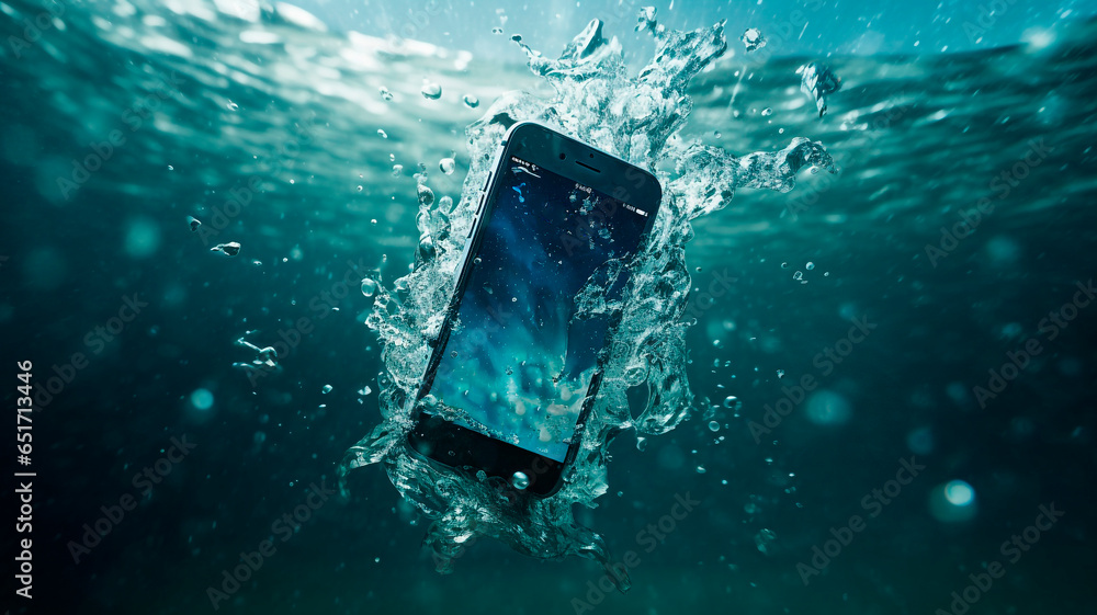 Promotional shot of a protective smartphone. the phone is underwater but working. the shot indicates water protection, ip64. Generative AI