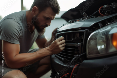 adult man with a beard fixing a car