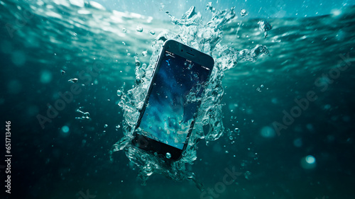 Obraz na płótnie Promotional shot of a protective smartphone. the phone is underwater but working. the shot indicates water protection, ip64. Generative AI w salonie