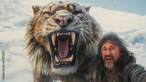 Selfie of an ancient man and snarling saber - toothed tiger, glacial background. Generative AI photo