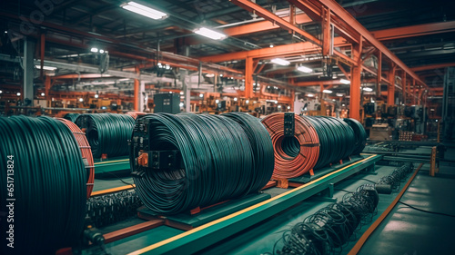 wires and cables in coils, photos of cable production in the factory, based on real photos of cable, Generative AI