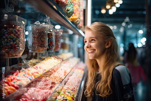 A smiling Caucasian girl in a sweet shop, choosing from a variety of delicious candies and confectionery treats.