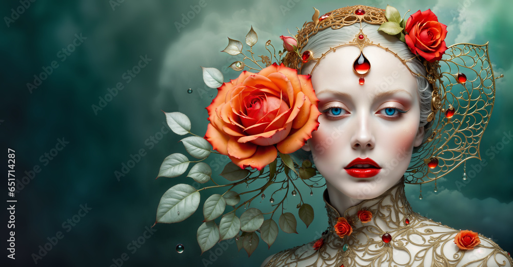 Enchanted Beauty: A Portrait of a Woman with Roses in Her Hair.