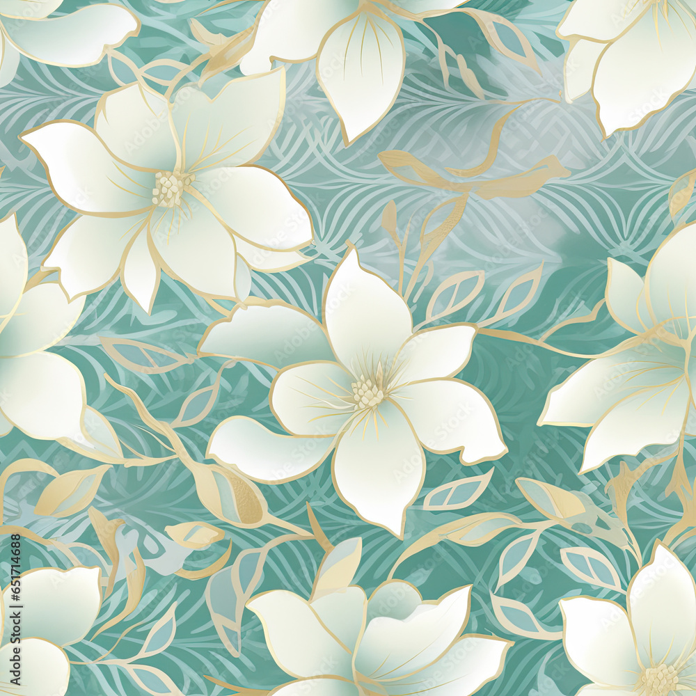Neutral ivory and grey gradient background with pale ivory leaves teal five petal flowers pattern AI Generated Neutral ivory and grey gradient background with pale ivory leaves teal five petal flowers pattern AI Generated