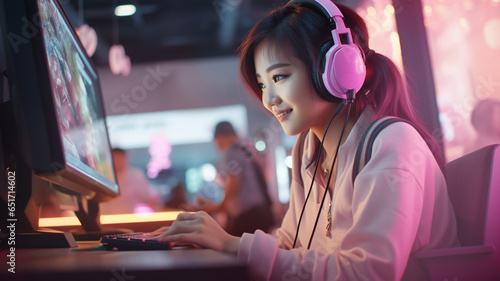 Asian woman in headphones playing video game on computer photo
