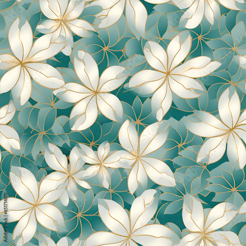 Neutral ivory and grey gradient background with pale ivory leaves teal five petal flowers pattern AI Generated