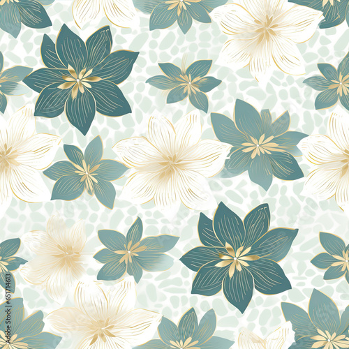 Neutral ivory and grey gradient background with pale ivory leaves teal five petal flowers pattern AI Generated