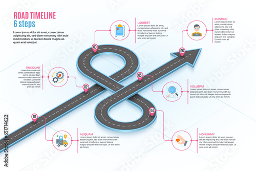 Isometric navigation map infographic 6 steps timeline concept. Winding road.