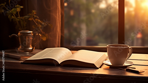 book with cup of tea on wooden table