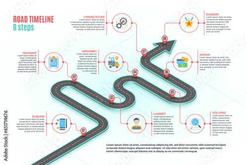 Isometric navigation map infographic 8 steps timeline concept. Winding road.