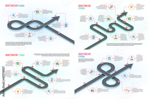 Isometric navigation map infographic timeline concept. Winding road.