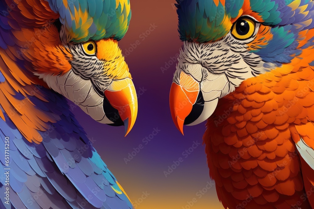 Obraz premium Colorful magic parrot, cartoon style painting. Generative ai art illustration