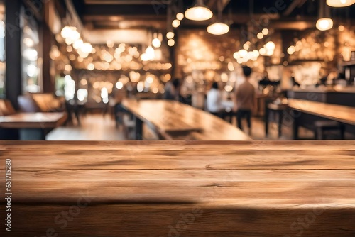 3d rendering Wooden board empty table in front of blurred background. Perspective brown wood over blur in coffee shop.