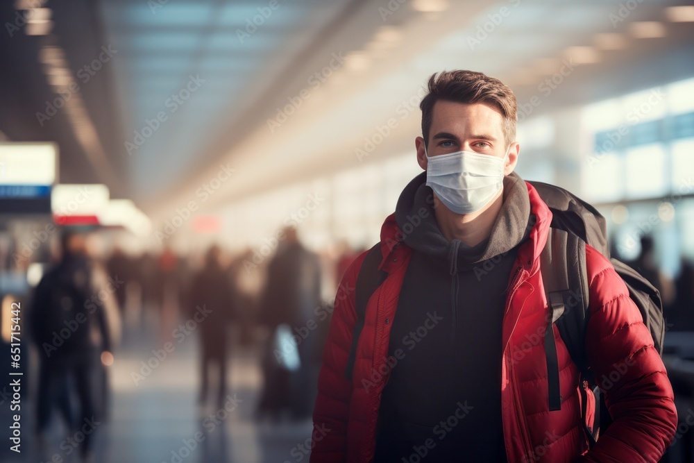 traveler man wearing face mask standing in airport terminal traveler man wearing face mask standing in airport terminal