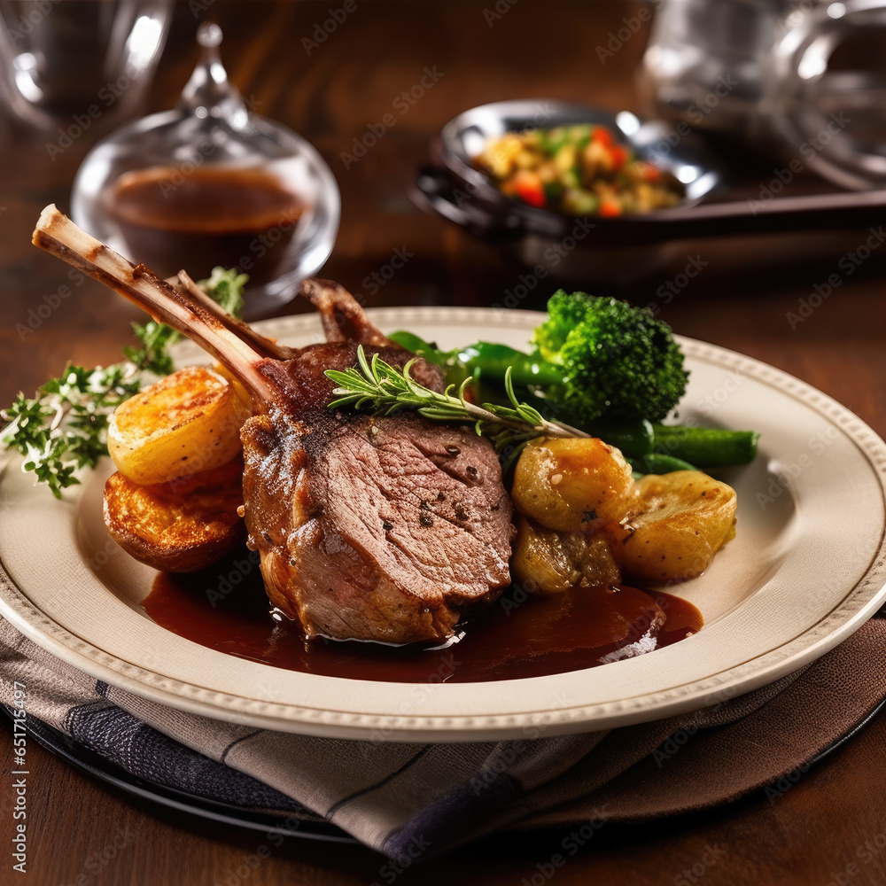 Mouthwatering dish of succulent lamb with a rich Madeira sauce, accompanied by tender boiled potatoes AI Generated Mouthwatering dish of succulent lamb with a rich Madeira sauce, accompanied by tender boiled potatoes AI Generated