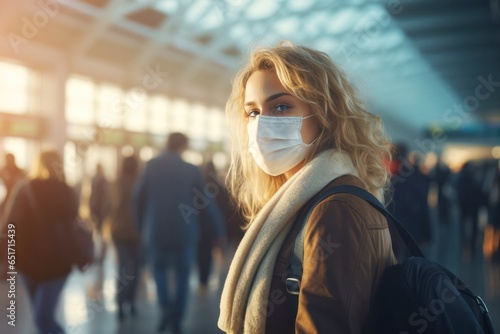 traveler woman wearing face mask standing in airport terminal