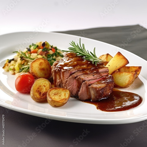 Mouthwatering dish of succulent lamb with a rich Madeira sauce, accompanied by tender boiled potatoes AI Generated