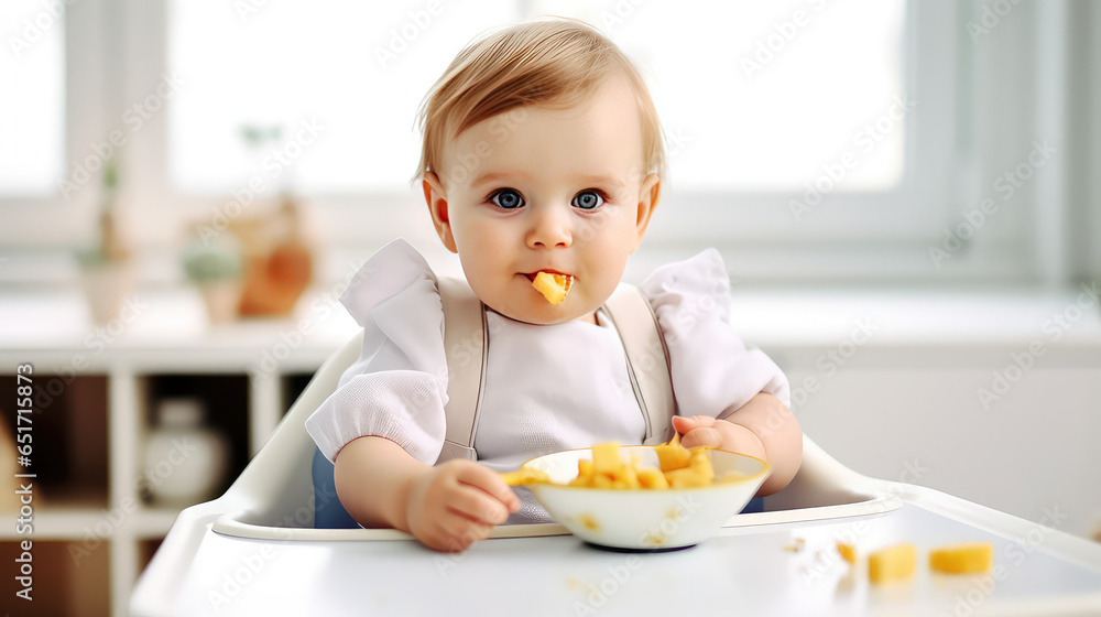 A little baby sits in a highchair and eats a healthy, fresh breakfast. The benefits of fruit for babies, the first complementary food. A little baby sits in a highchair and eats a healthy, fresh breakfast. The benefits of fruit for babies, the first complementary food.