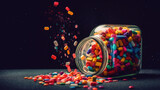 Medicine bottle spilling colorful pills depicting addiction risks, AI Generated