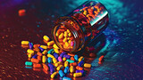 Medicine bottle spilling colorful pills depicting addiction risk, AI Generated