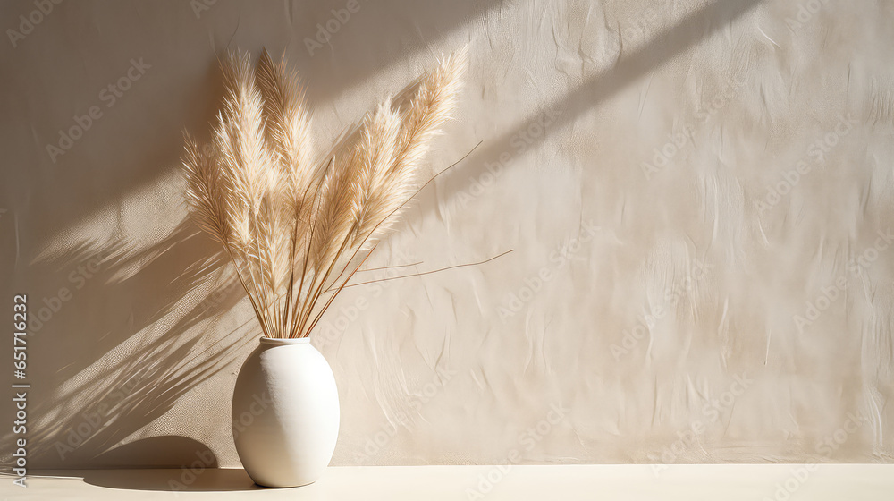 Obraz na płótnie Minimal style interior, ceramic vase with pampas dry grass, empty blank plaster wall with shadow on background, neutral beige warm colors.  w salonie