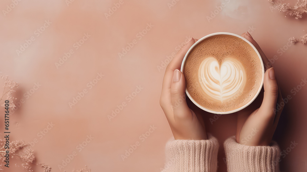 Top view of a female hands in a warm sweater holding mug of delicious cappuccino coffee. Pastel pink background with copy space, banner template.  - obrazy, fototapety, plakaty 