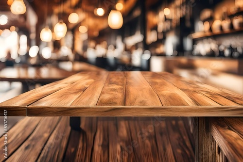 3d rendering Wooden board empty table in front of blurred background. Perspective brown wood over blur in coffee shop.