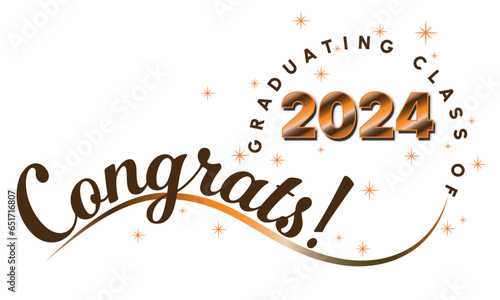 White background - Congrats Graduates Text - in Orange and Brown with 2024 - Elegant and Dynamic style with type on wave and graduating class of in circle around year. Orange stars highlight the text.