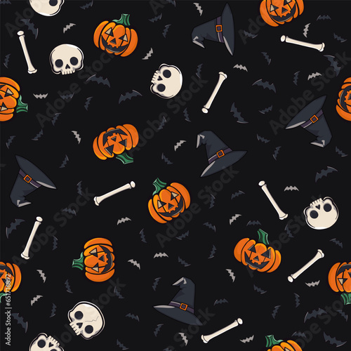 Halloween seamless pattern of pumpkins, skulls, witch hats, bats and bones on a black background