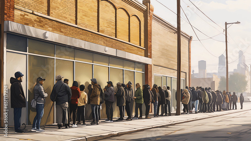 A long queue outside a food bank, with people from diverse backgrounds waiting patiently, signifying the hidden realities of food insecurity even in developed nations