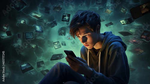 A teenager isolated in a dimly lit room, surrounded by hurtful social media comments on a screen, addressing the alarming rise of cyberbullying and its mental health implications photo