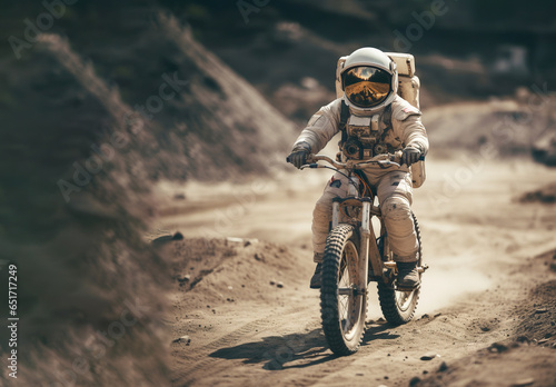 Space adventure. Astronaut in spacesuit walks on the moon on bicycle