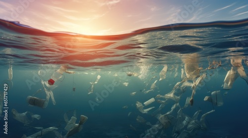 Plastic bags and bottles in ocean or sea. Environmental pollution problem of rubbish and trash in the oceans and seas