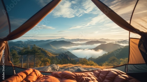 View from inside a touristic camping tent on beautiful landscape with mountains