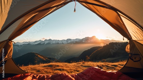 View from inside a touristic camping tent on beautiful landscape with mountains