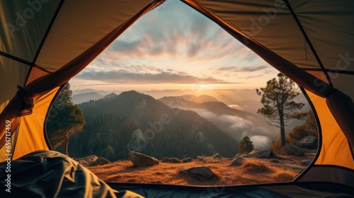View from inside a touristic camping tent on beautiful landscape with mountains