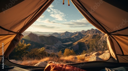 View from inside a touristic camping tent on beautiful landscape with mountains