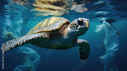 Sea turtle trapped in plastic bags. Environmental pollution problem of rubbish and trash in the oceans and seas