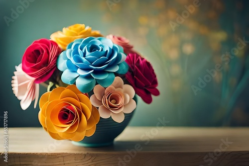 A vibrant bouquet of handmade paper flowers with intricate details and rich colors