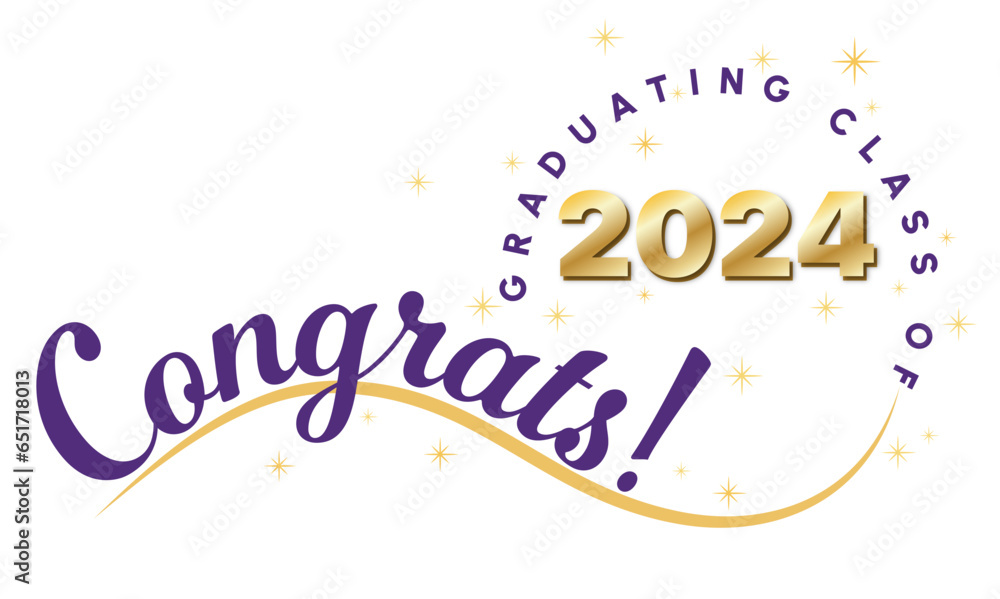 White background - Congrats Graduates Text - in purple with 2024 in gold metallic - Elegant and Dynamic style with type on wave and graduating class of in circle around year. Stars highlight the text.