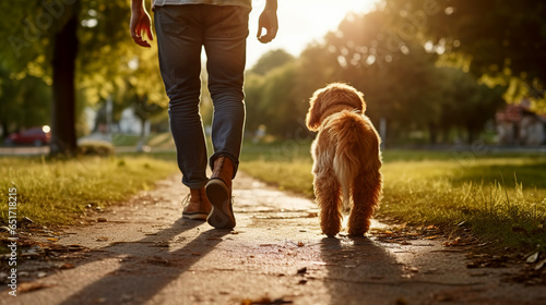 A man walks with his dog in the park at sunset. The guy and the dog go into the distance along the path. The concept of walking dogs, parting. Back view of a man with a dog walking in a park. photo