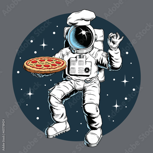 Astronaut chef with pizza, isolated on the space background. Pizza delivery man or pizzaiolo in spacesuit, concept for italian food restaurant. Comic style vector illustration.