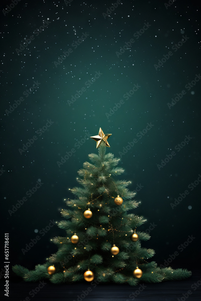 Christmas greeting card with fir tree and gold decor, on dark green background, with space for text Christmas greeting card with fir tree and gold decor, on dark green background, with space for text