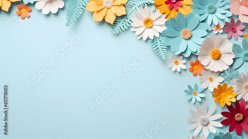 Colourful handmade paper flowers on light blue background with copyspace in the center © Mateusz
