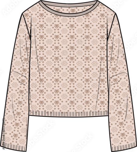 Women's Crochet Jumper- Technical fashion illustration. Front, neutral colour. Women's CAD mock-up.
