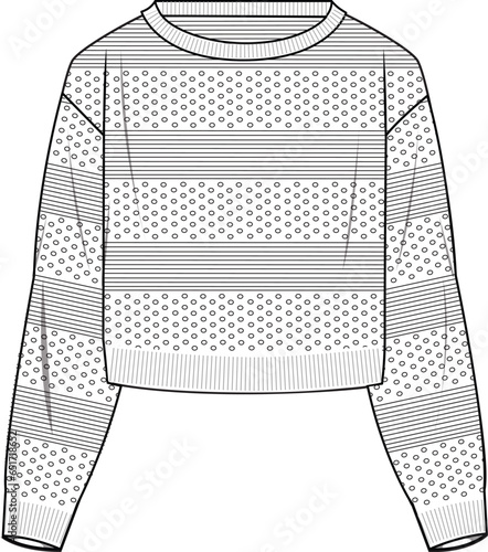 Women's Crop Pointelle Jumper. Technical fashion illustration. Front and back, white colour. Women's CAD mock-up.